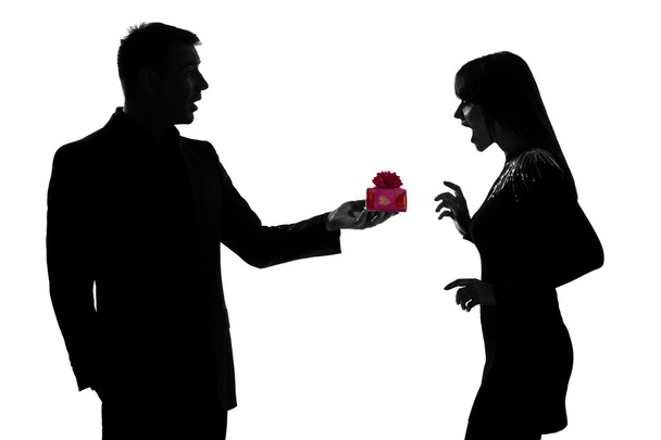 One couple lovers man offering present gift and woman happy surp - Photo, Image