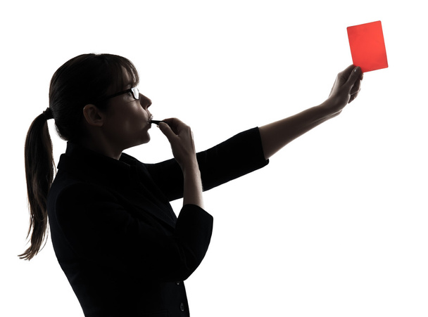 business woman whistling showing red card silhouette - Foto, Imagem