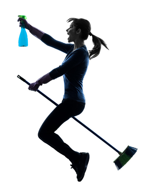 Woman maid housework flying broom silhouette - Photo, Image