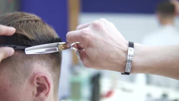 Barber cuts the hair of the client with scissors - Séquence, vidéo