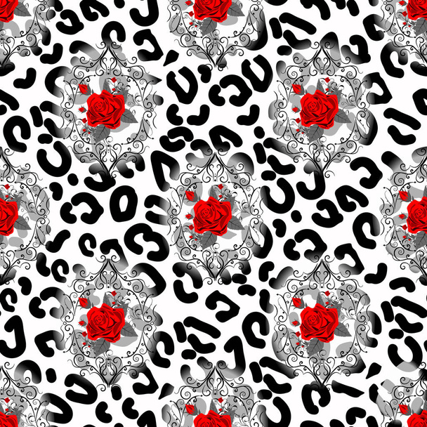 Бесшовный рисунок с леопардовой печатью и розами. Векторный фон с кожей животного и цветочной текстурой. Для печати на ткани, обоях, упаковке. eps10
 - Вектор,изображение