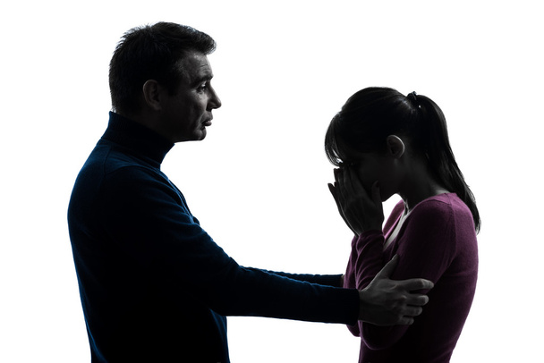 Couple woman crying man consoling silhouette - Foto, Imagen