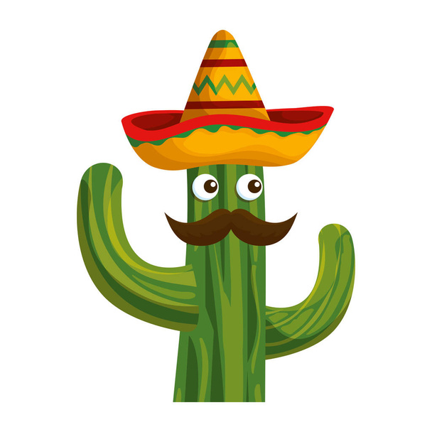 cactus with mexican hat and mustache character - ベクター画像