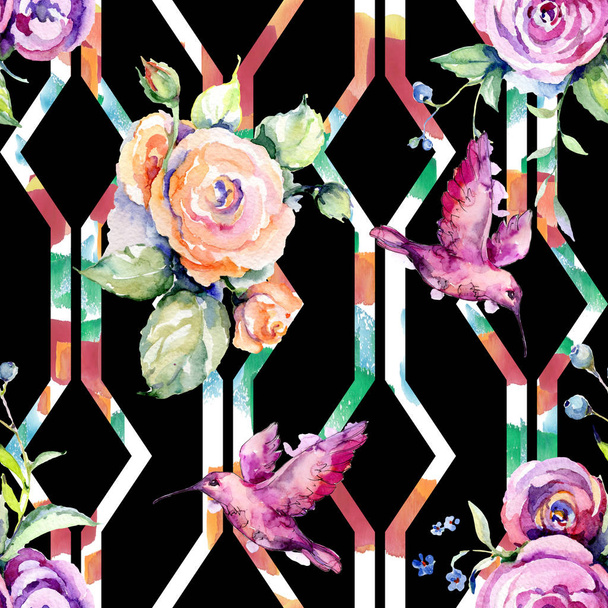 Rosa rosa buquê loral flores botânicas. Conjunto de ilustração de fundo aquarela. Padrão de fundo sem costura
. - Foto, Imagem