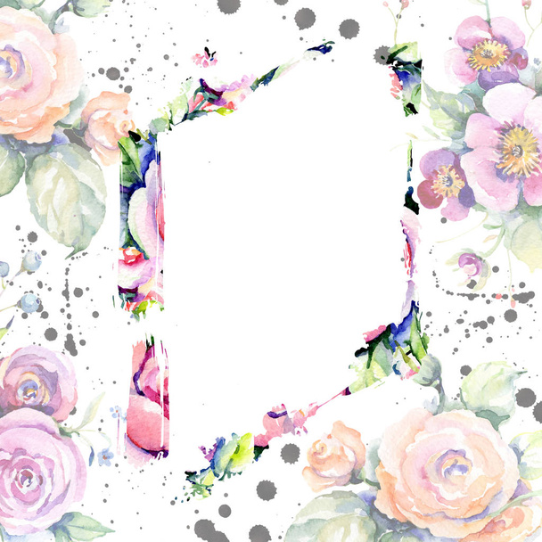 Rosa rosa bouquet loral fiori botanici. Acquerello sfondo illustrazione set. Quadrato ornamento bordo cornice
. - Foto, immagini