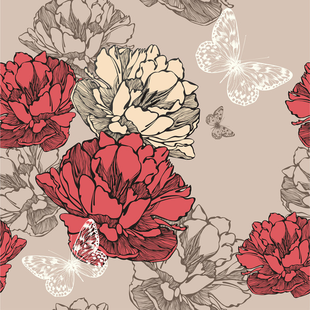 Seamless pattern with blooming tulips and flying butterflies. Ve - Vetor, Imagem