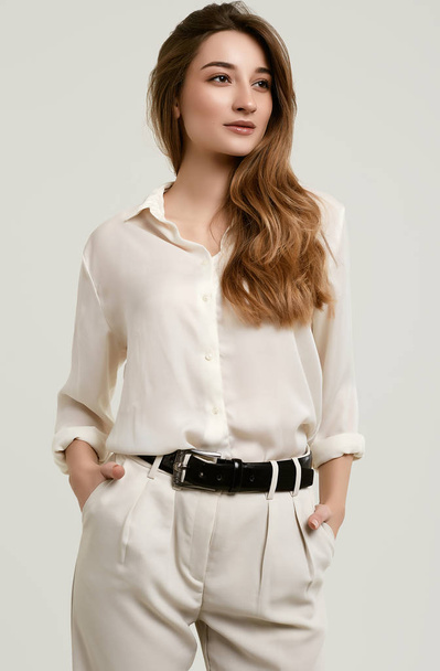 Πανέμορφο θηλυκό μελαχρινή μοντέλο σε λευκά ρούχα - Φωτογραφία, εικόνα