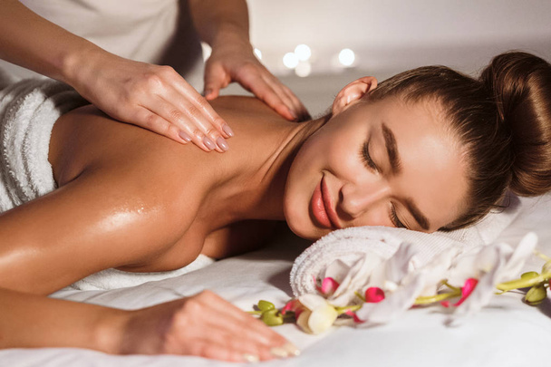 Total Relaxation. Woman Getting Back Massage In Spa Center - Photo, Image