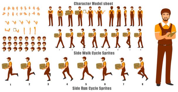 Courier Person Character Model sheet with Walk cycle and Run cycle Animation Sequence - Vector, Image