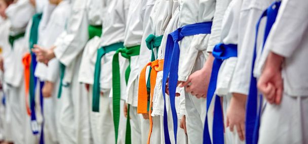 Concept karate, martial arts. Bouw van studenten in de hal voor de training. Kimono, verschillende riemen, verschillende niveaus van de opleiding - Foto, afbeelding