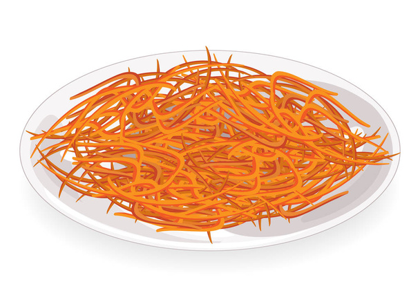 Спелые красивые морковки на тарелке. Натереть тертыми овощами. Готовлю корейскую морковку. Вкусная, здоровая еда. Векторная иллюстрация
 - Вектор,изображение