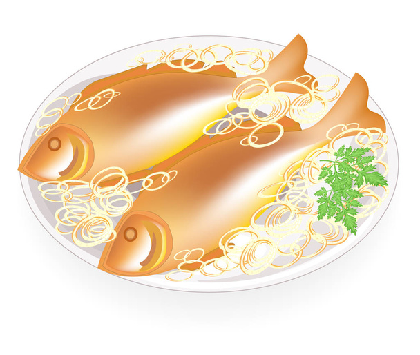 Two fried hot fish with onion rings on a plate. Tasty and nutritious food. Next to the green of parsley. Suitable for breakfast, lunch or dinner. Vector illustration - Vector, Image