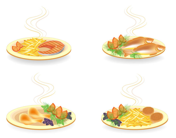 Collection. On a plate cutlets, chicken drumsticks, fish. Garnish fried potatoes, tomato, greens dill, basil and parsley. Tasty and nutritious food. Vector illustration set - Vector, Image