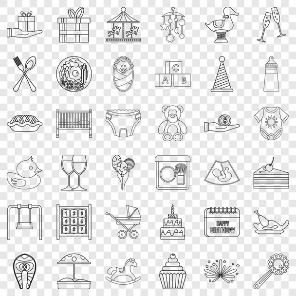 Happy birthday icons set, outline style - Vector, Image