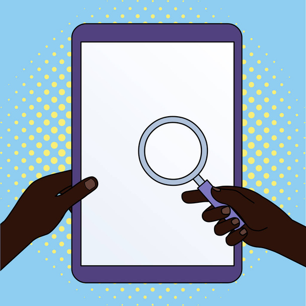 Closeup of Magnifying Glass in One Hand Directed at Touch Screen Tablet in Another One. Problem Solution Concept. Flat photo Design Infographic Template - Vector, Image