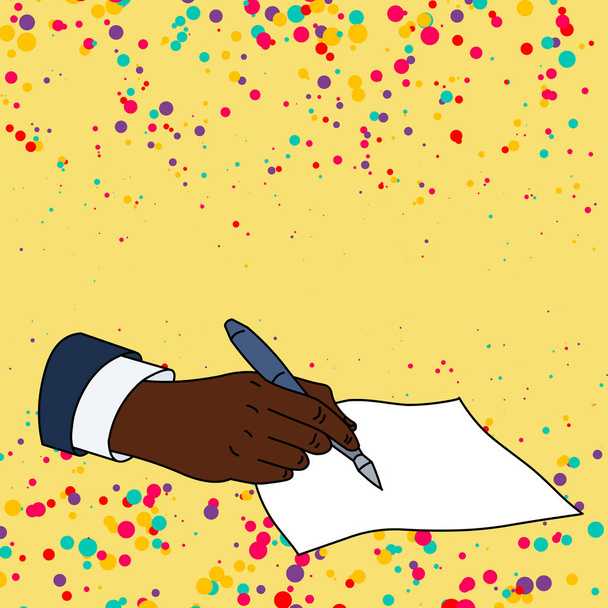 Плоское фото крупным планом мужской руки в формальном костюме холдинг шариковой ручки и готовы написать на пустой лист бумаги. Креативное фоновое пространство
 - Вектор,изображение