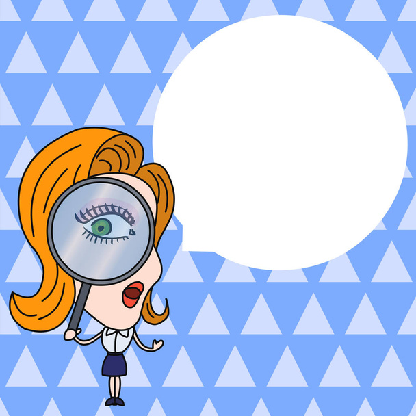 Mujer mirando a través de lupa con forma redonda flotante en blanco burbuja de habla en blanco. Foto plana Diseño de la solución problema de investigación Concepto
 - Vector, Imagen