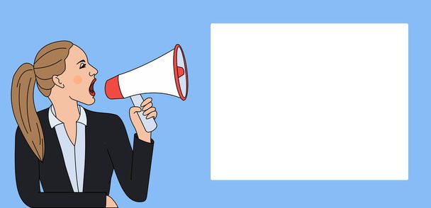 Young Woman in Jacket with Ponytail Shouting into Loudhailer with Rectangular Shape Empty Text Box Beside. Creative Background Space for Announcements and Promotions - Vector, Image
