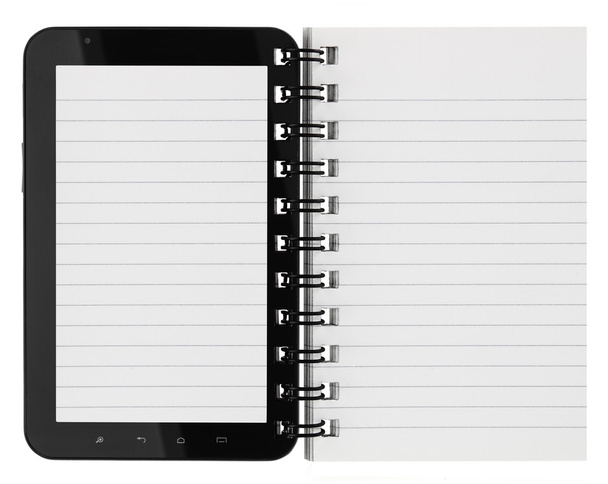 Tablet computer with notebook pages on white background - Fotó, kép