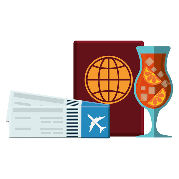 paspoort document met tickets vlucht en cocktail - Vector, afbeelding