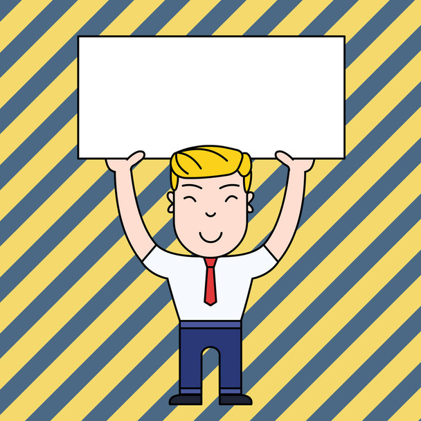 Smiling Young Male in Formal Clothes Standing and Holding Big Empty Placard Overhead with Both Hands. Creative Background Space for Announcements and Promotions - Vector, Image
