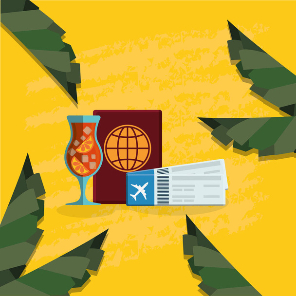 διαβατήριο με αεροπορικά εισιτήρια και κοκτέιλ - Διάνυσμα, εικόνα