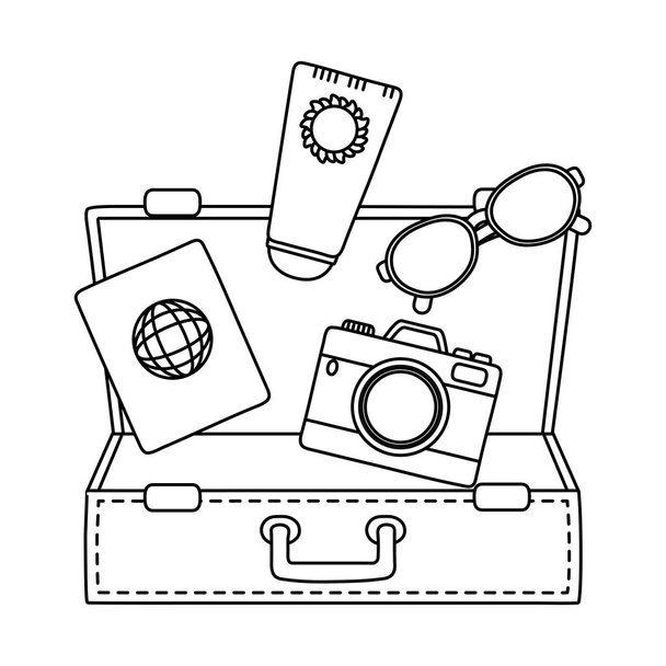 Viaje turístico viaje de verano maleta abierta con cámara roja pasaporte protector solar loción y gafas de sol aventura exploración vector ilustración diseño gráfico
 - Vector, Imagen