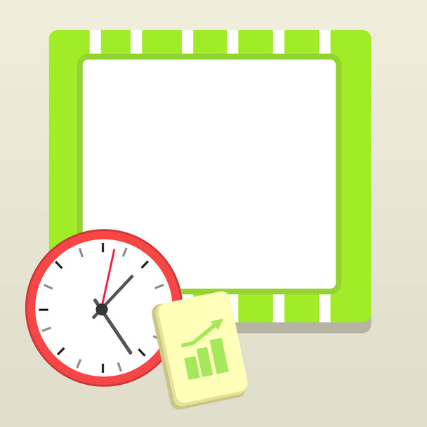 Проста плоска фотографія Розкладка настінного годинника та блокнота з фотографією барної діаграми зі стрілкою, що рухається, вказуючи на концепцію зростання бізнесу. Ескалація графіка панелі
 - Вектор, зображення
