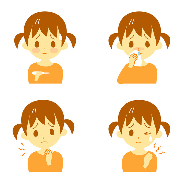 Disease Symptoms 02, fever, sore throat,dripping nose,stiff neck, expressions, girl - Vector, Image