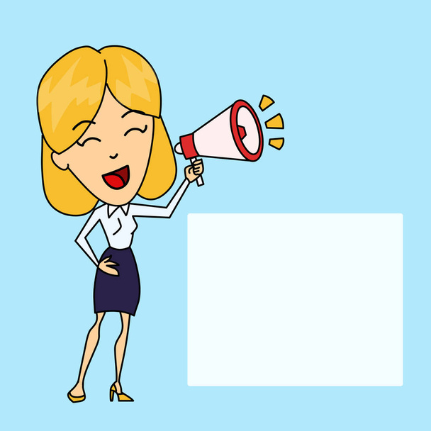 Mujer joven sonriente en blusa formal y falda que habla en Blowhorn con icono de volumen y caja de texto en blanco al lado. Espacio de fondo creativo para anuncios y anuncios
 - Vector, Imagen