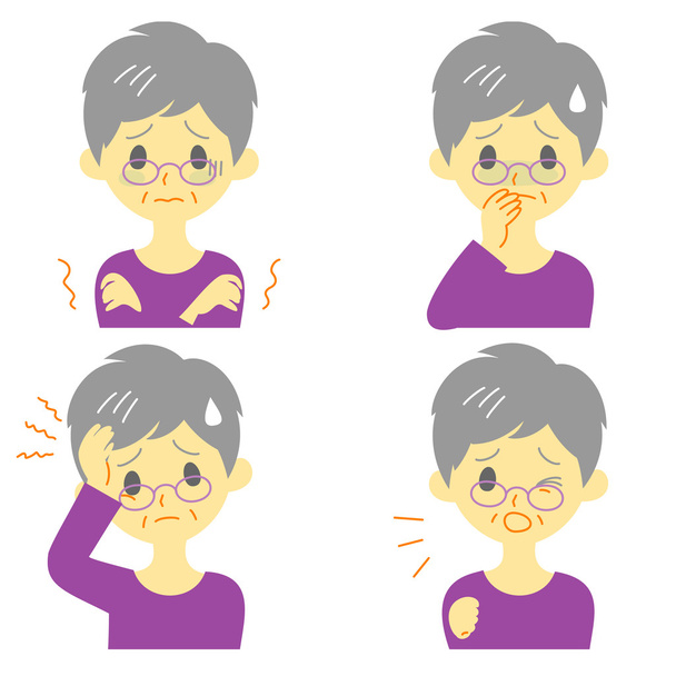 Симптомы болезни 01, лихорадка и озноб, головная боль, тошнота, кашель, выражения лица, старуха
 - Вектор,изображение