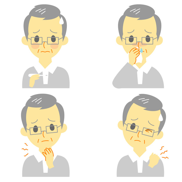 Симптомы болезни 02, лихорадка, боль в горле, капающий нос, жесткая шея, выражения лица, старик
 - Вектор,изображение