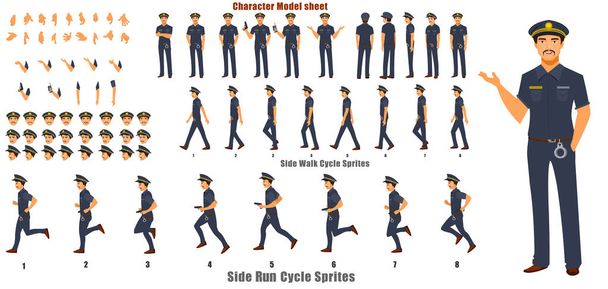 Police Character Model sheet with Walk cycle and run cycle Animation Sequence  - Vector, Image