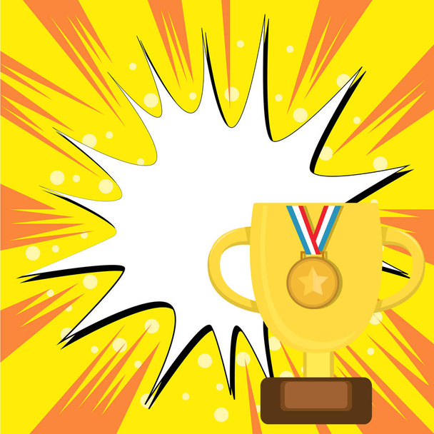 Platte foto foto van Trophy Cup met handvatten en houten basis met lege plaque versierd met gouden medaille met gestreepte lint. Winnaar prijs op sokkel - Vector, afbeelding