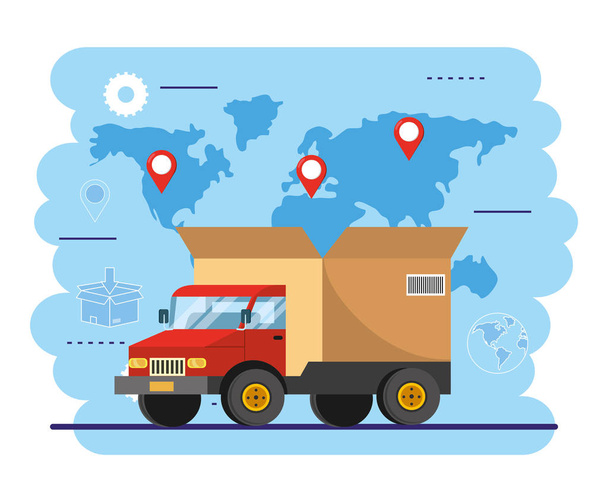 trasporto del camion con il pacchetto della scatola all'illustrazione vettoriale di servizio di consegna
 - Vettoriali, immagini