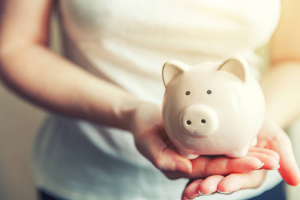Woman hands holding pink piggy bank - Photo, Image
