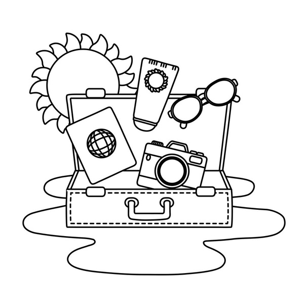 Viaje turístico viaje de verano maleta abierta con cámara roja pasaporte protector solar loción y gafas de sol aventura exploración vector ilustración diseño gráfico
 - Vector, Imagen