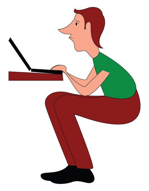 El hombre está sentado y mirando el diseño dibujado a mano portátil, illustra
 - Vector, imagen