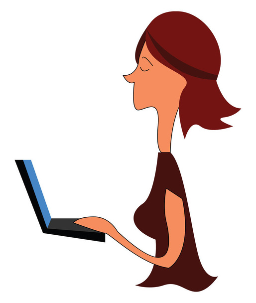 女性はノートパソコンの手描きのデザイン、イラスト、ベクトを見ています - ベクター画像