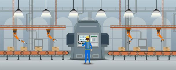 Automation factory concept with robot working flat design vector illustration - Vector, Image