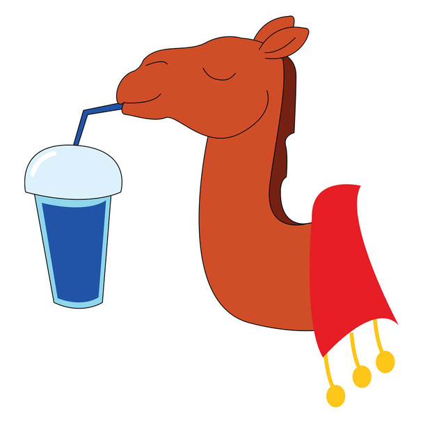 Un cammello godendo il frullato in una cannuccia con gli occhi chiusi, vettore, disegno a colori o illustrazione
. - Vettoriali, immagini