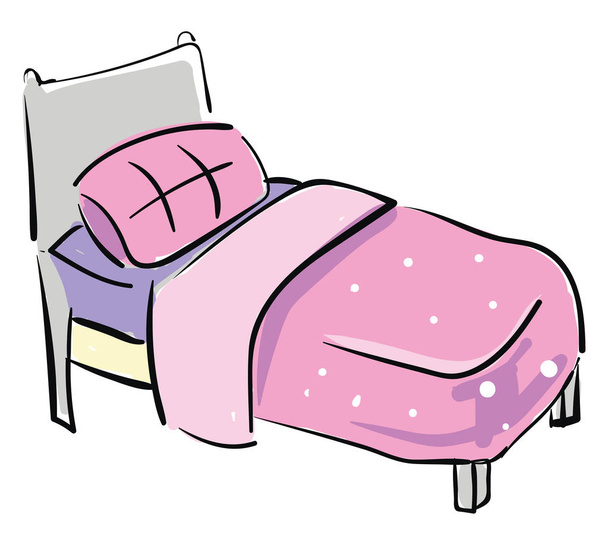 ピンクの毛布、ベクトルまたはカラーイラストが付いている灰色のベッド.  - ベクター画像