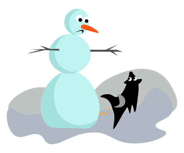 Clipart de um boneco de neve triste e um cão preto correndo mais perto, vetor
  - Vetor, Imagem