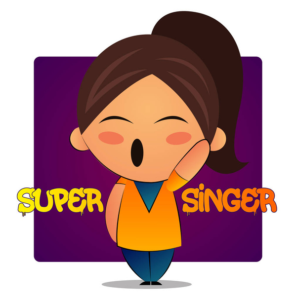 Singing girl with brown ponytail and purple background, illustra - Vector, imagen