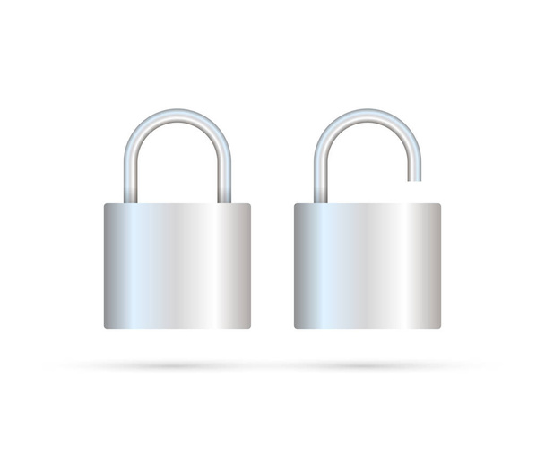 ロックされ、ロック解除された南京錠は現実的です。セキュリティの概念。安全とプライバシーのための金属ロック - ベクター画像