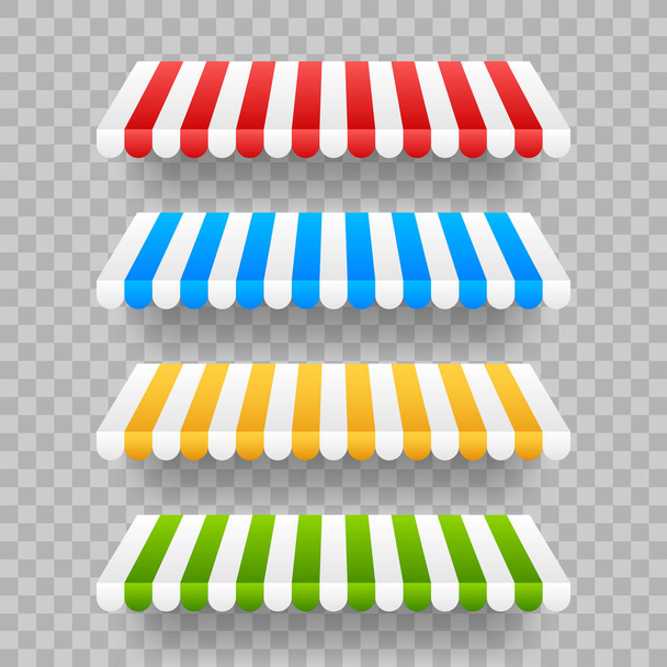 Set di tende colorate a righe per negozio, ristoranti e market store su sfondo trasparente. Illustrazione dello stock vettoriale. - Vettoriali, immagini