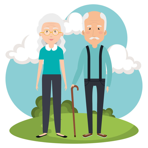 nagyszülők pár a parkban avatarok - Vektor, kép