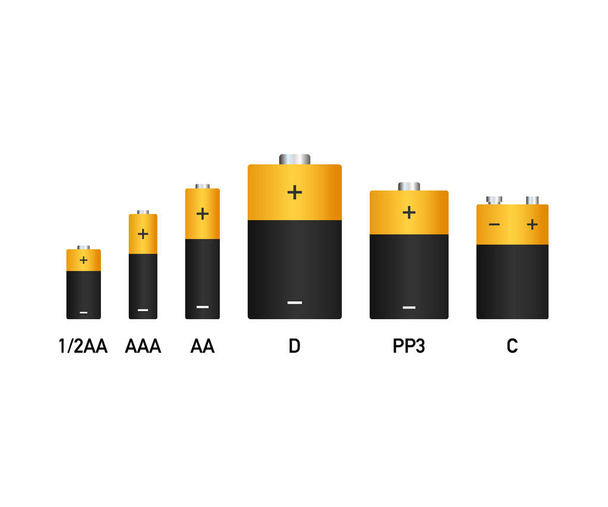 Baterias alcalinas estilo realista conjunto de tamanho diferente. Ilustração do estoque vetorial
. - Vetor, Imagem