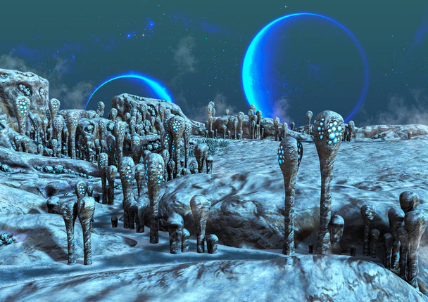 Arkasında mavi uydular olan donmuş bir uzaylı diyarında bir fantezi sahnesi.  - Fotoğraf, Görsel