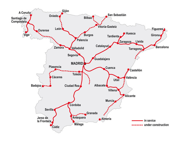 Mappa delle linee ferroviarie ad alta velocità in Spagna
 - Vettoriali, immagini